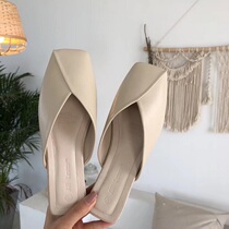 European Station Flat bottom Baotou Half slipper Female genuine leather 2022 Summer new fashion Lazy retro square head cool drag