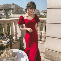 Red toast dress bride wedding fishtail woman 2021 new summer engagement small evening dress skirt thank you party temperament
