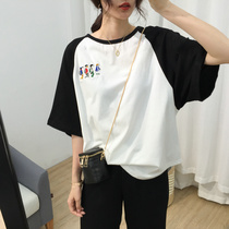 Loose short-sleeved T-shirt womens summer 2020 new Korean cartoon embroidery slim Joker casual round neck top