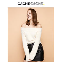 CacheCache knitwear women winter ins lazy wind loose one word collar sweet temperament white sweater women