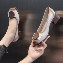 Single shoe woman Xia 2022 New internet red ultra-fire coarse heel square head shallow mouth One foot pedal Spring and autumn Moms shoes