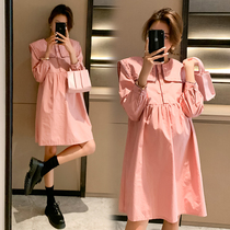 Pregnant women autumn fashion foreign style Net red doll collar long sleeve pregnant women dress loose size skirt maternity dress