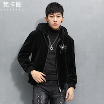 Winter cashmere fur man Crown embroidery Youth Tide brand fur one real leather jacket short lamb velvet coat