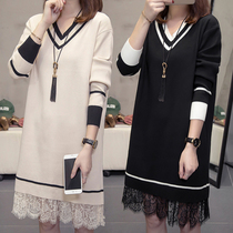 Fatty plus size pregnant women sweater autumn and winter clothes fat MM loose V collar lace stitching base dress 200kg tide