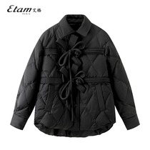 Etam 2022 winter new vintage butterfly bow black feather jacket short - suit loose - blown street coat