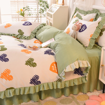 Ruffled four-piece girl heart Princess wind green quilt cover three-piece Nordic wind bed 4-piece set of ins Wind