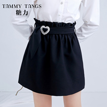 Sugar Force Spring Autumn Season New Black High Waist Half Body Dress Sweet Imitation Drilling Loving Decorative buttoning Fate Short Skirt Woman
