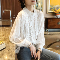 Fairy top lace shirt white womens long-sleeved loose stand-up collar small shirt tide 2021 autumn new European station