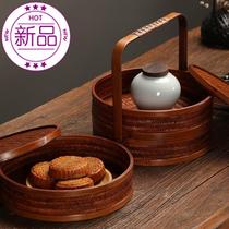  Bamboo woven carbonized round basket box Retro Chinese tea set storage box with lid S food box Refreshment tea cake portable basket