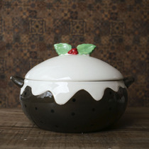 W1962 American New Year Cute Hand-painted Cute Holly Leaves with Cover Double Ear Big Soup Bowl Insulation Cover Bowl Wave Point