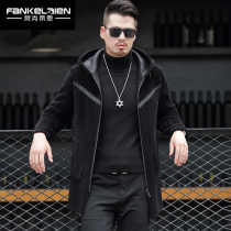 (Broken code clearance) wool jacket mens fur integrated sheep-cut coat long hooded on both sides