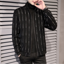 Mens new jacket short woolen coat Korean version of woolen coat striped autumn and winter youth casual windbreaker mens clothing