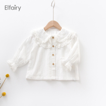 elfairy girl double collar lace shirt with baby white shirt female baby long sleeve blouse spring and autumn foreign air