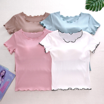 Cotton Short sleeve T-shirt Ms. Large threaded lotus leaves with breast pad-free breast wear casual home suit