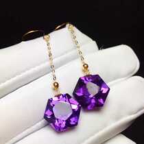 18k gold inlay natural Brazilian Amethyst section Six Mans star ear pendant with deep purple hexagonal long ear line hook