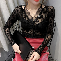 2021 Spring Autumn New Sexy V Lead Lace Jersey Womens Web Yarn Clairvoyt Jersey Woman Inner Hitch Hooded Sweatshirt Blouse