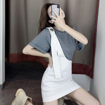 Korean womens clothing 2021 new trendy age-reducing fashion short-sleeved top with strap clothes suit skirt two-piece set