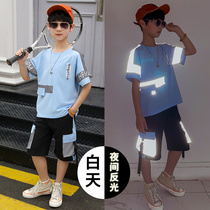 Childrens luminous clothes Two sets of summer CUHK Fluorescent Cuff Short Sleeve Boy Luminous Tooling Midpants Suit Handsome