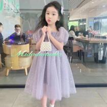 No-no-no-change girls purple one-piece dress 2021 new children super-ocean fairy princess nepotism nepotism bubble sleeves