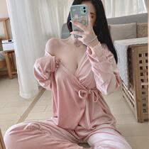 Sexy pajamas womens spring and Autumn gold velvet two-piece loose Japanese cardigan lace-up kimono long sleeve homewear winter