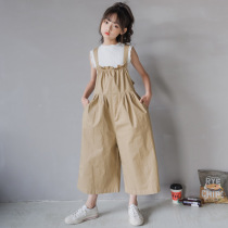 2022 summer girls Korean version loose nine-point suspenders net red jumpsuit wide-leg pants middle and big children sweet suit