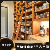 Solid wood slide ladder Mobile track ladder Bookshelf Library household ladder Customizable indoor attic word ladder