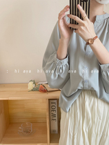 Spring Summer Design Sense Inserts Shoulder Sleeves Shirt Fog Blue Retro Lazy Wind 100 Lap V Collar Shirt 2022 Pituality Blouse Woman