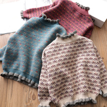 Girls agaric sideline knit cardiovert autumn winter new baby thickened retro sweater childrens undershirt Korean version childload