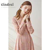 Xidi spring dress 2020 new skirt female pink plaid suit collar retro long sleeve high-end temperament dress