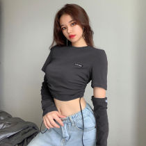 2021 Spring and Autumn Retro Spice Girls out of the street concave shape bi T-shirt sleeve stitching design drawstring high waist short top