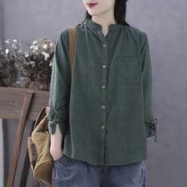 Han Soyi Literary Spring Summer mid-sleeve plaid shirt female seven-point sleeve college style collar lace-up shirt