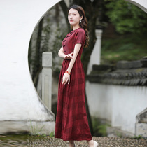 Junya China Wind Lianlian dress lady Xia 2022 New cotton numb retro collection waist temperament Body Style Dress