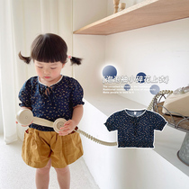 SASAs meatball sister Japanese retro navy blue floral doll shirt T-shirt bubble sleeve small floral