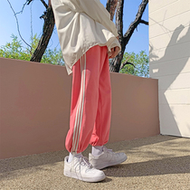  Pink pants Mens spring and summer chic trend with bar beam leg guard pants wild oversize casual sports pants