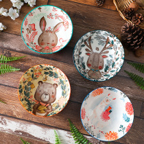 Dish suit household glaze cute cartoon children rice bowl ceramic deep plate cute bowl breakfast dish tableware