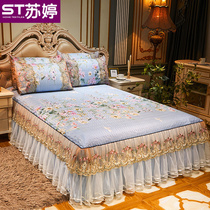 European lace ice silk bed skirt three-piece set washable bedspread summer printing cool mat foldable machine wash