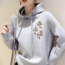 Hooded sweater women autumn and winter 2021 New loose thin nail bead embroidery long sleeve casual versatile pullover top