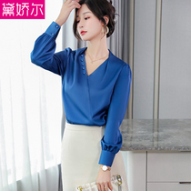 Blue chiffon shirt Women autumn and winter 2021 New acetic acid satin shirt this year fashion temperament professional top