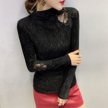 Black Lace Jersey Undershirt Woman Autumn Winter 2020 New Mesh Yarn Splicing Gold Velvet Long Sleeve T-shirt Tight Blouses