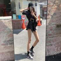 Ultra-high-waist denim shorts female summer 2022 new black loose with thin and thin spicy girl a character wide-legged hot pants