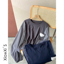 Xiao Xijia) design sense Spring and Autumn Korean version of loose stripe stitching T-shirt female round neck long sleeve short jacket foreign atmosphere tide
