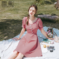 Xiangying waist dress womens 2021 summer new lady temperament thin medium-long French pink square collar skirt