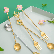 Spoon creative cute Korean Japanese stainless steel spoon Fork coffee spoon long handle mixing spoon pendant ins dessert spoon