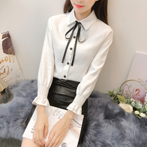 Small fresh long-sleeved white shirt womens 2021 spring and autumn new loose Korean top bow student all-match shirt