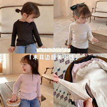  Girls  long-sleeved Bottoming shirt Slim Spring and Autumn 2021 childrens baby solid color elastic fungus side wild T-shirt Western style