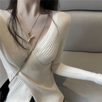 Early autumn 2021 new long-sleeved spring and autumn knitted sweater base shirt womens inner match foreign style wild v-neck top