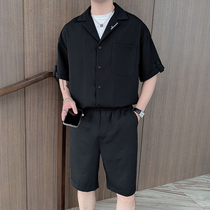 Ice Silk One Suit Mens Summer Boomer Short Sleeve Shirt Ruffhanger 50% Pants Two Pieces Embroidery Light Cooked Breathable Full Body