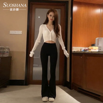 Douyin star Xu Lu V-neck long-sleeved sweater cardigan fashion slim Joker black pants high waist female same model
