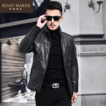 ROADMAKER autumn new leather down jacket leather mens first layer sheepskin stand collar thickened casual jacket