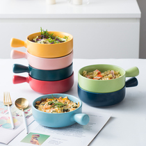 Net red baking bowl Instant noodle bowl Creative ceramic baking plate with handle Salad bowl dish plate Household tray baking plate